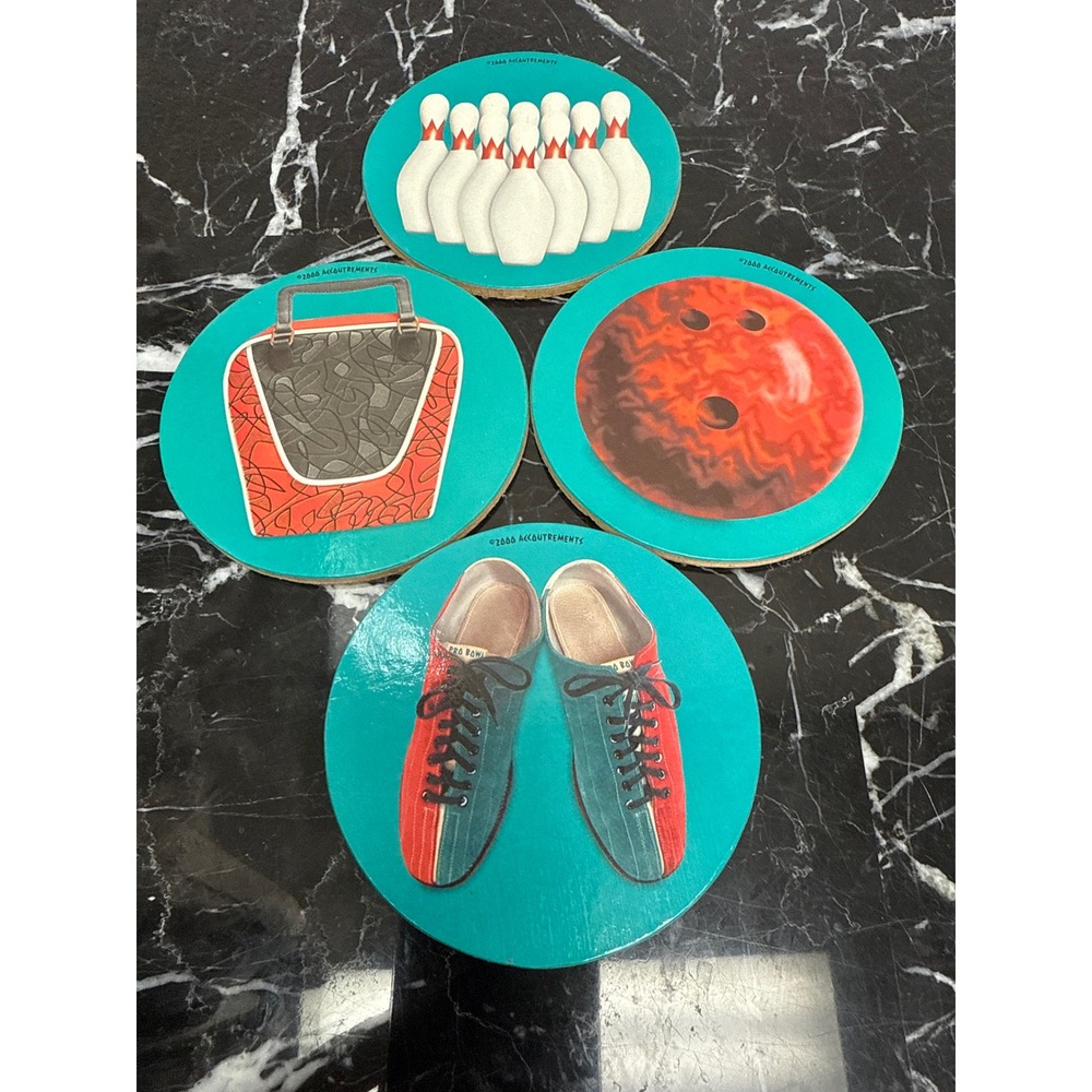 Accoutrements Vintage 2000 Bowling Coasters Set of 4 Cork Backed Retro Sports